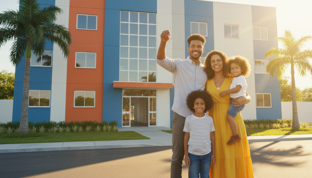 Família feliz com chave de casa do programa Minha Casa, Minha Vida