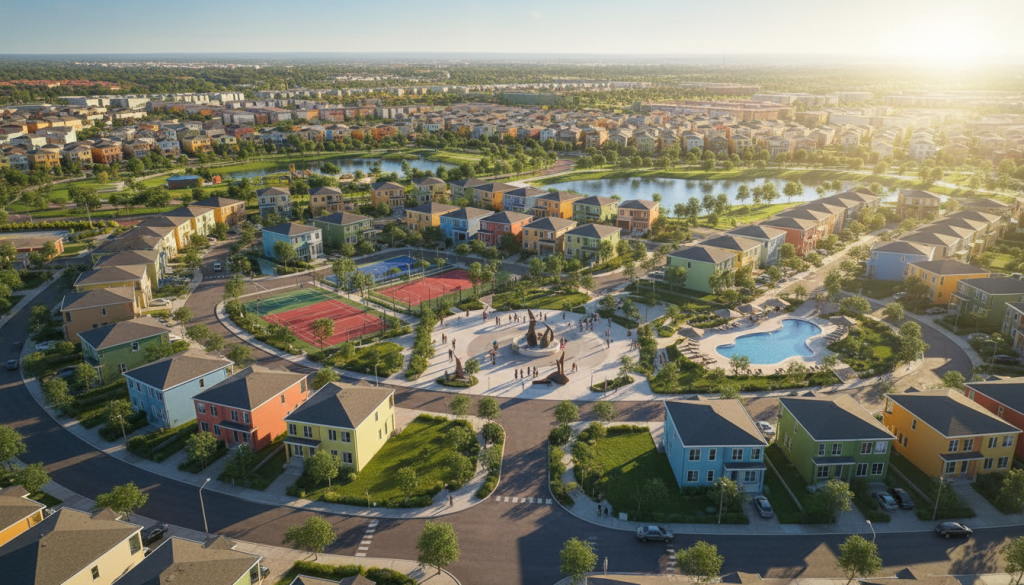 Conjunto habitacional moderno do Minha Casa, Minha Vida com infraestrutura urbana completa.