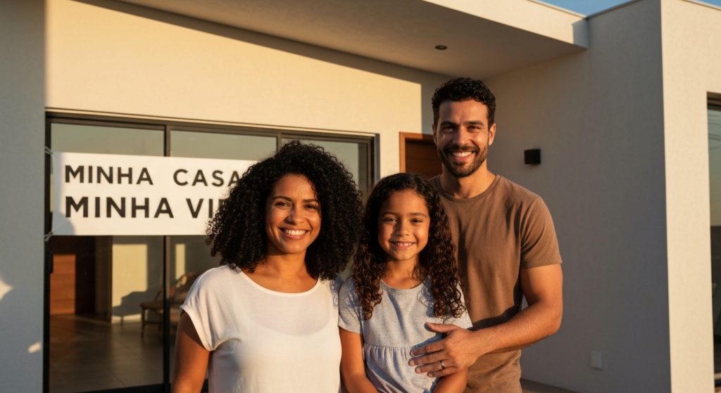 Família comemorando a conquista da casa própria através do programa Minha Casa Minha Vida.