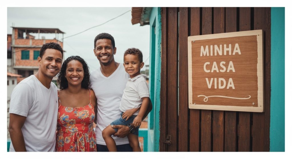 Família feliz com chaves de casa do programa Minha Casa Minha Vida
