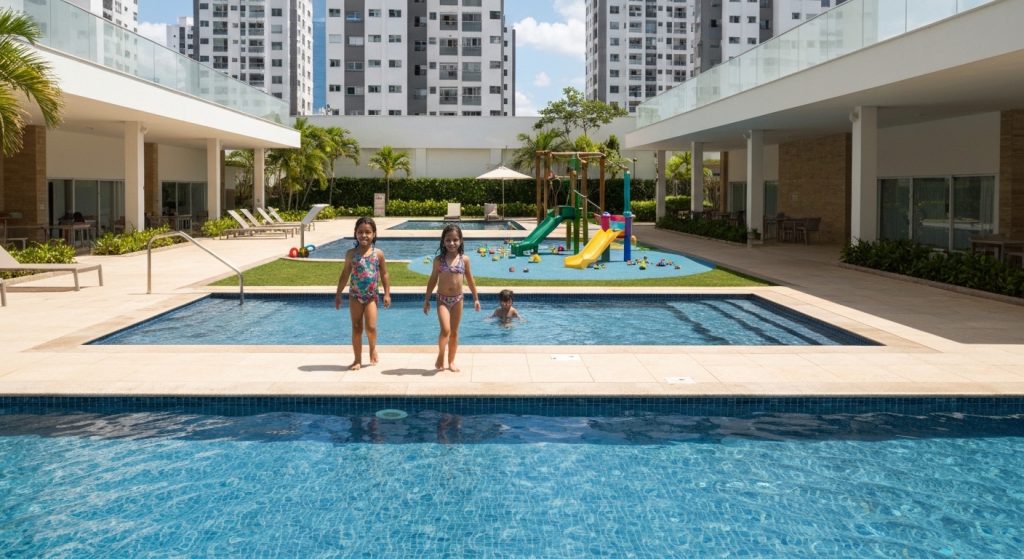 Família feliz brincando em condomínio clube com piscina e área verde