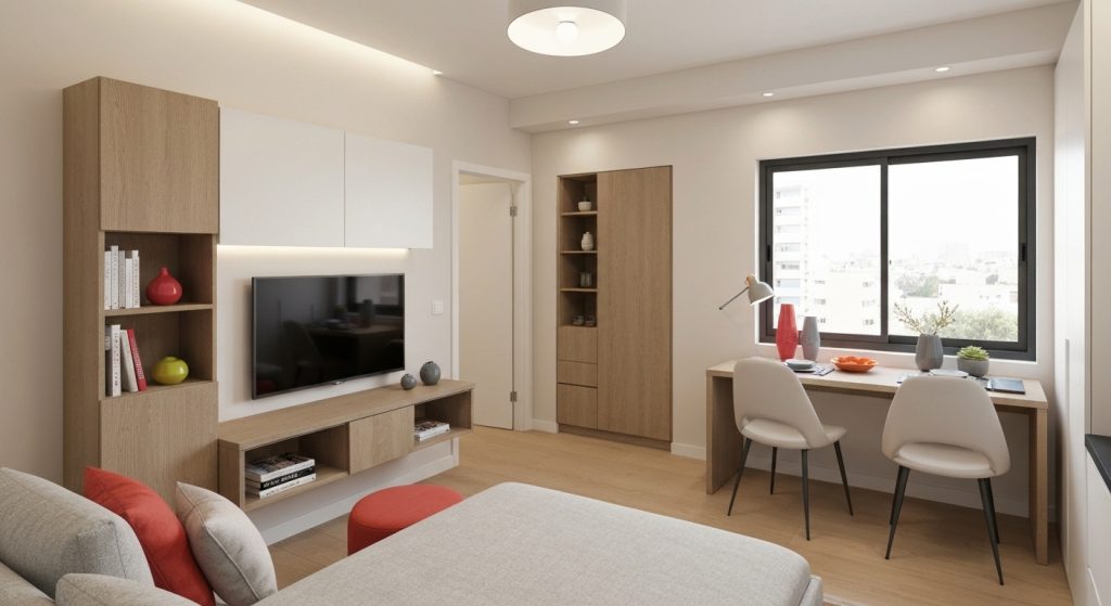 Sala de estar compacta com móveis multifuncionais integrados, otimizando o espaço.