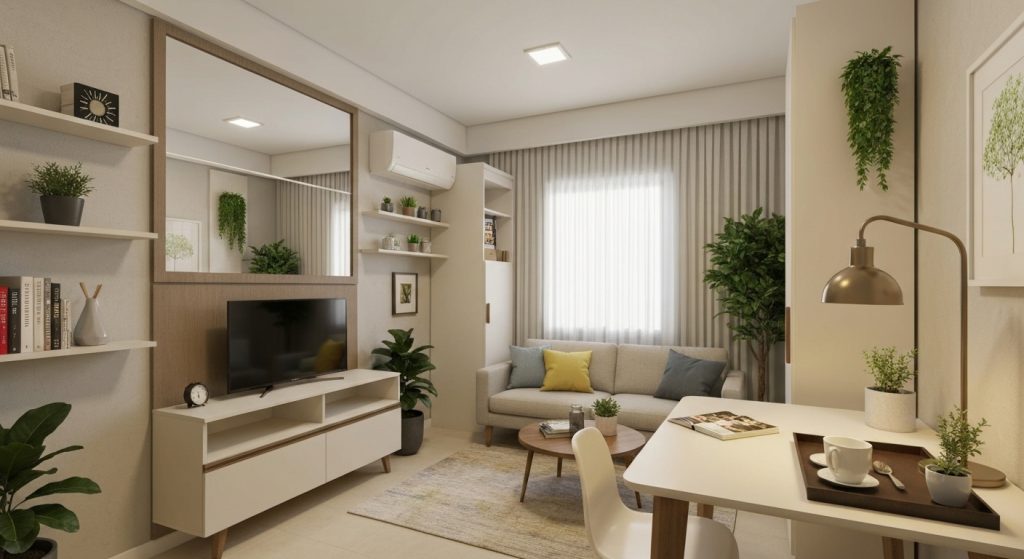 Sala de estar de apartamento pequeno decorada com móveis multifuncionais, espelho e iluminação para dar a sensação de amplitude.