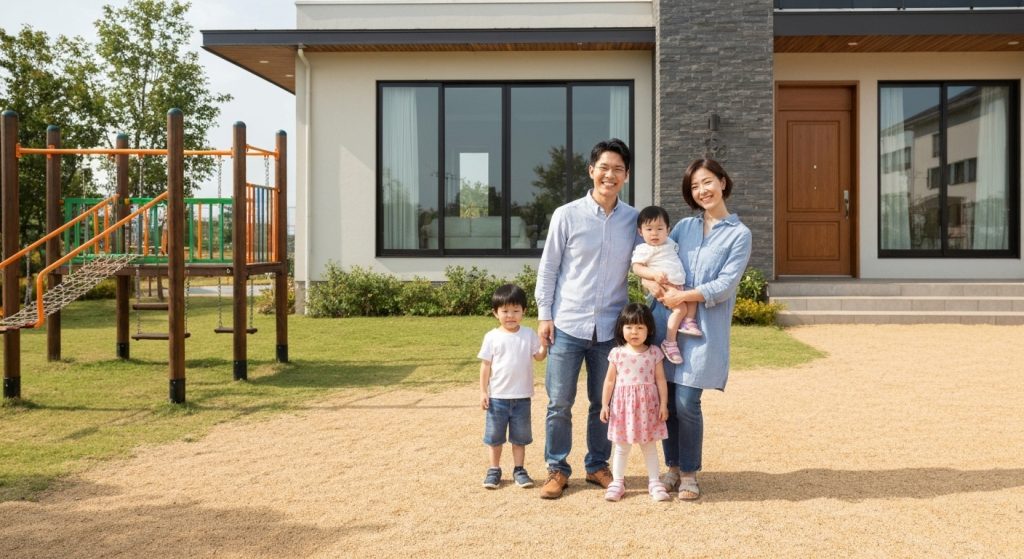 Família feliz em frente a casa com quintal e parque infantil próximo