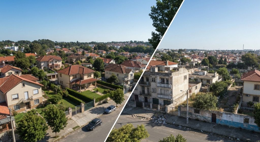 Comparação visual de áreas de um bairro demonstrando a desvalorização e valorização de imóveis