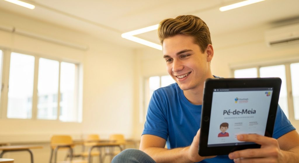 Estudante da EJA acessando informações sobre o programa Pé-de-Meia em um tablet.