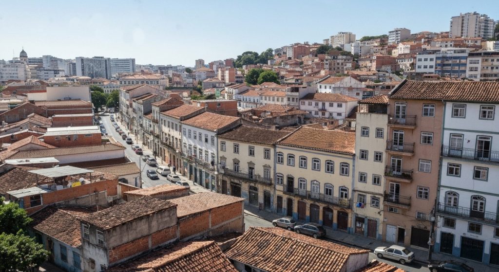 Vista aérea mostrando a transformação de um bairro devido à gentrificação, com contraste entre áreas antigas e novas.