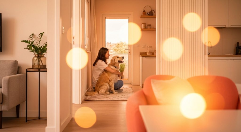 Pessoa acariciando cachorro em apartamento