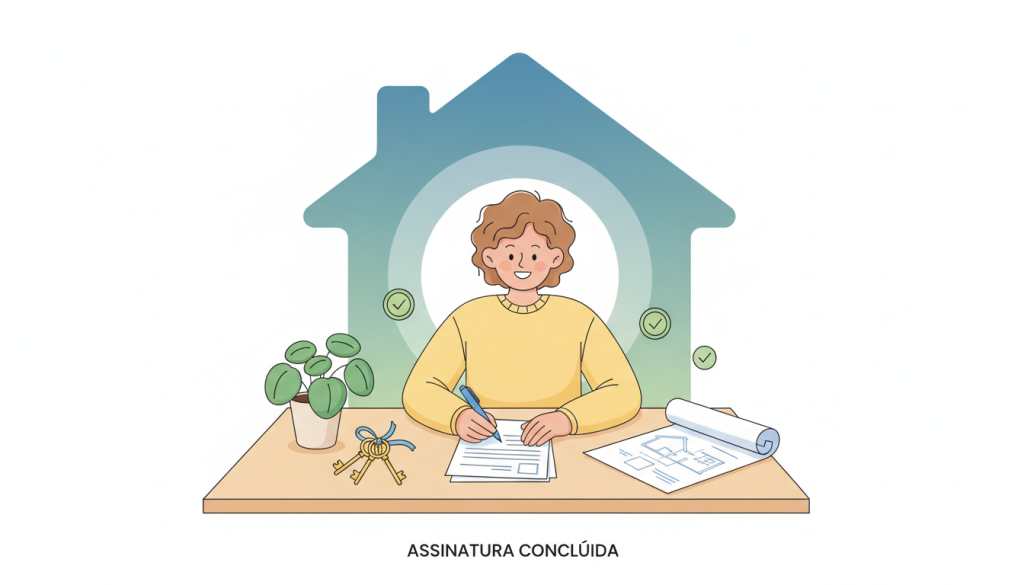 Pessoa assinando documentos para compra de imóvel de forma organizada e feliz.