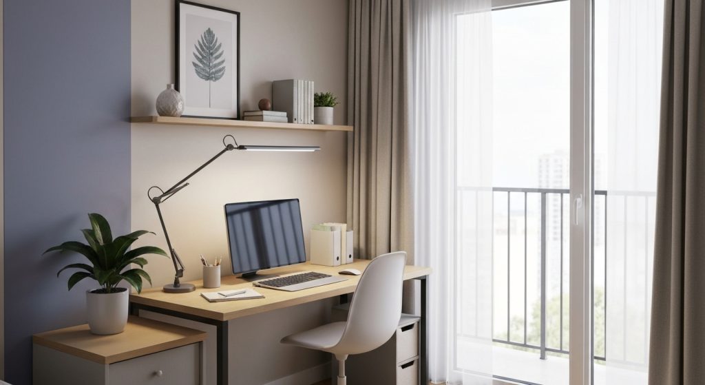 Home office organizado em apartamento pequeno com mesa compacta e prateleiras verticais