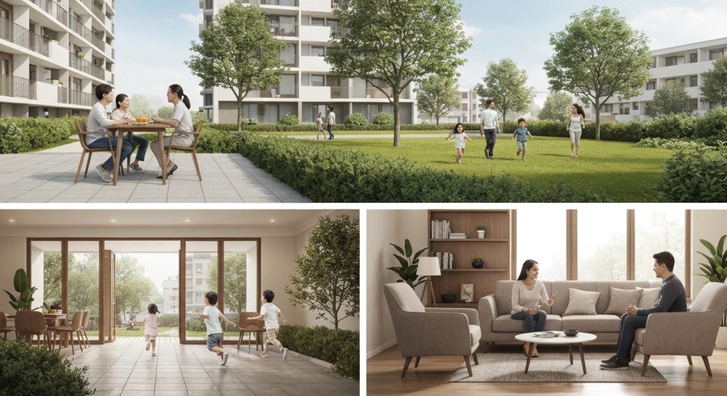 Ilustração de convivência em condomínio com foco em resolução de conflitos.