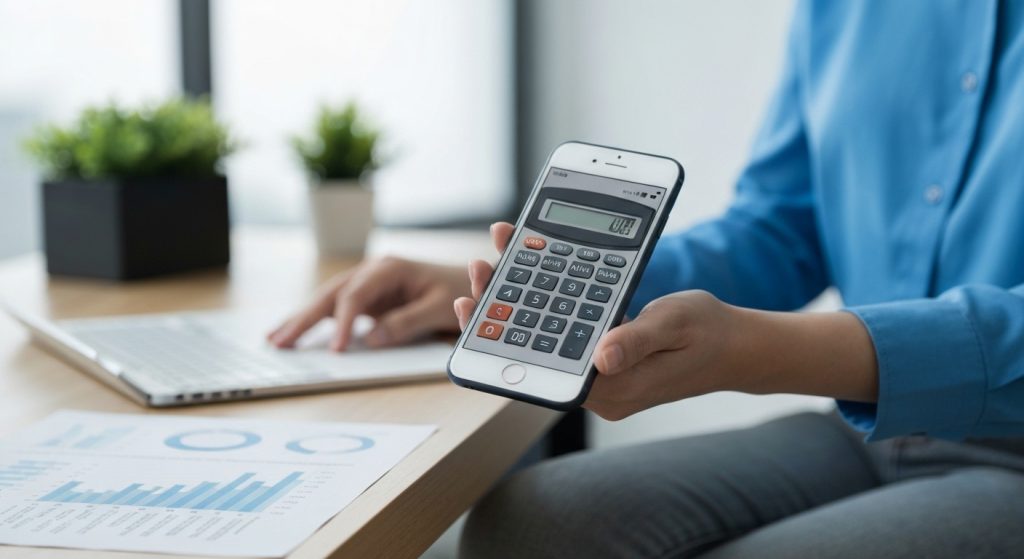 Homem usando calculadora de financiamento no celular para simular empréstimo