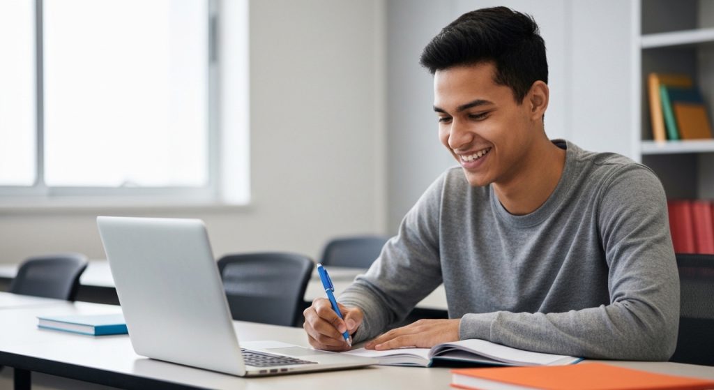 Jovem adulto estudando em sala da EJA com auxílio do programa Pé-de-Meia