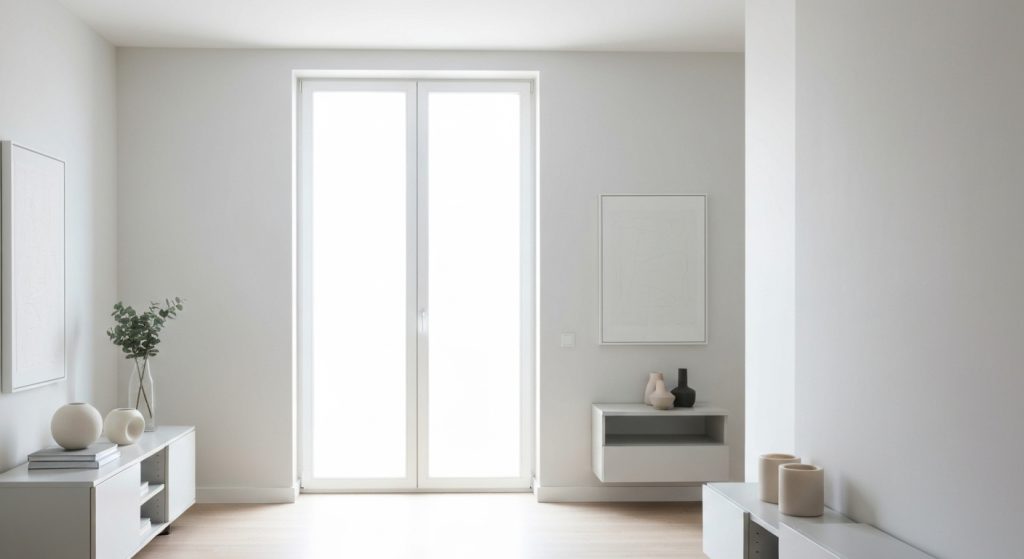 Sala de estar organizada e com pintura clara, transmitindo sensação de amplitude e convite para potenciais compradores.