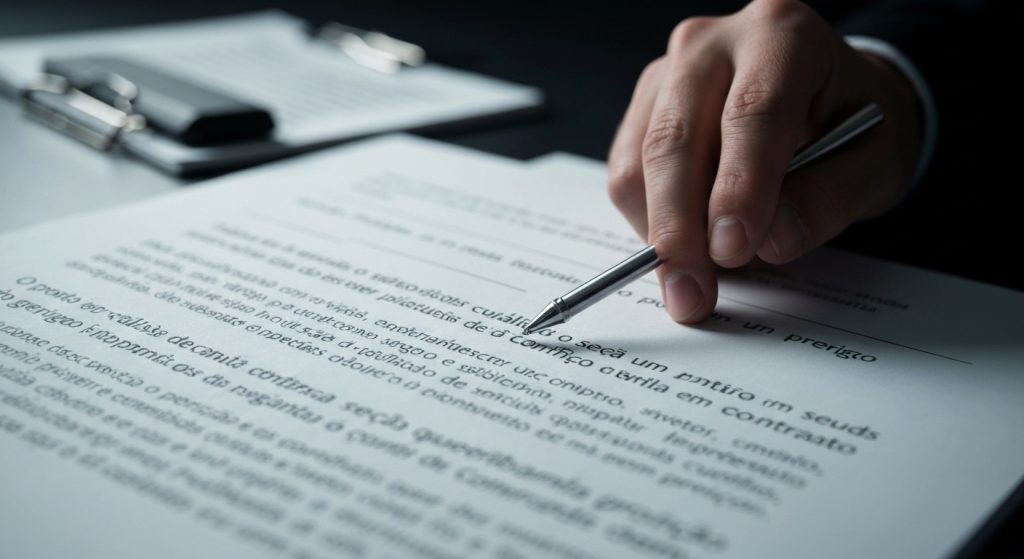 Análise de contrato com lupa para identificar cláusulas ocultas e perigosas.