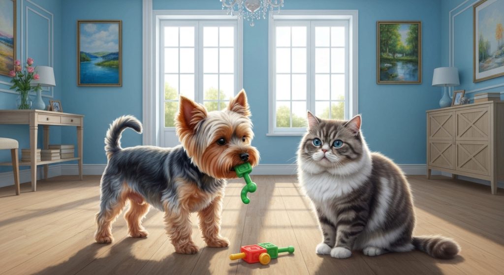 Cachorro e gato felizes em um apartamento bem adaptado.