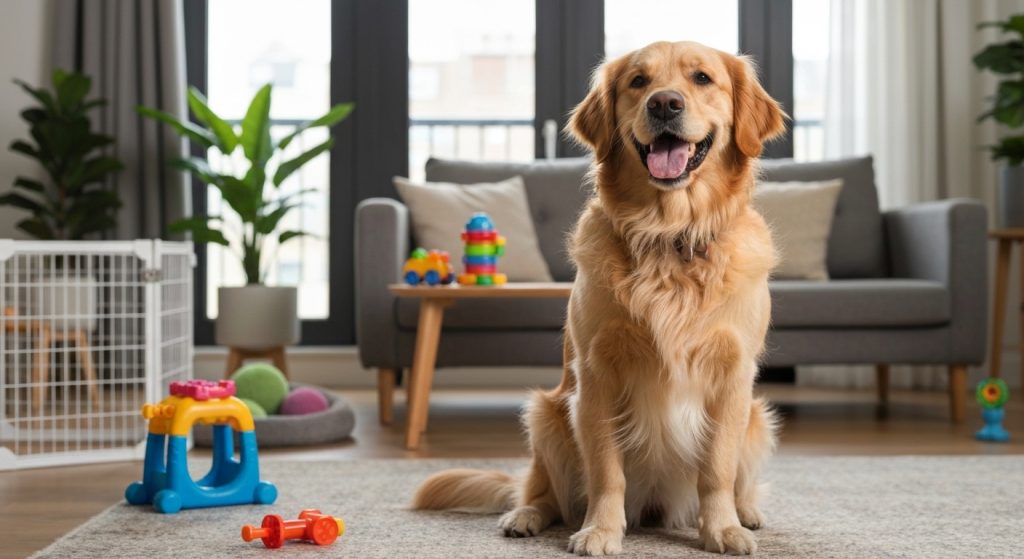 Cachorro feliz brincando em um apartamento adaptado