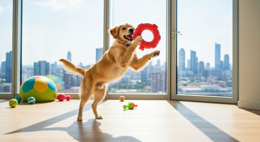Cachorro brincando feliz em um apartamento moderno