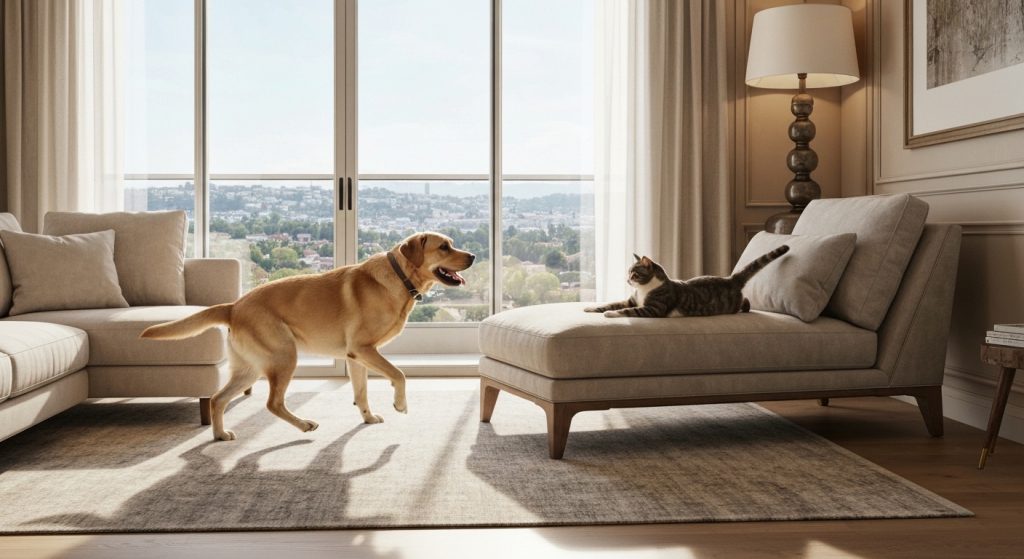 Pet feliz e saudável em um apartamento com enriquecimento ambiental.