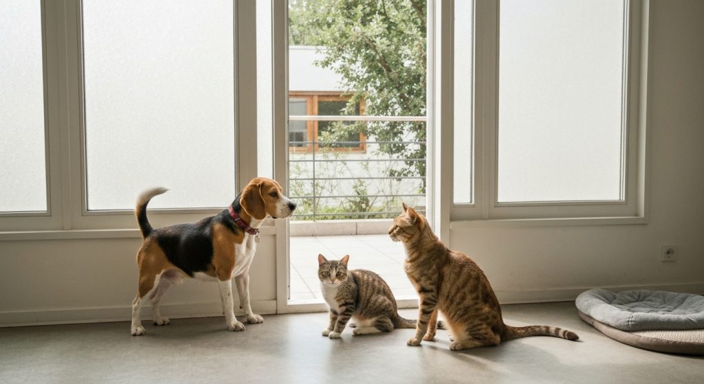 Cachorro e gato brincando juntos em um apartamento seguro e confortável.