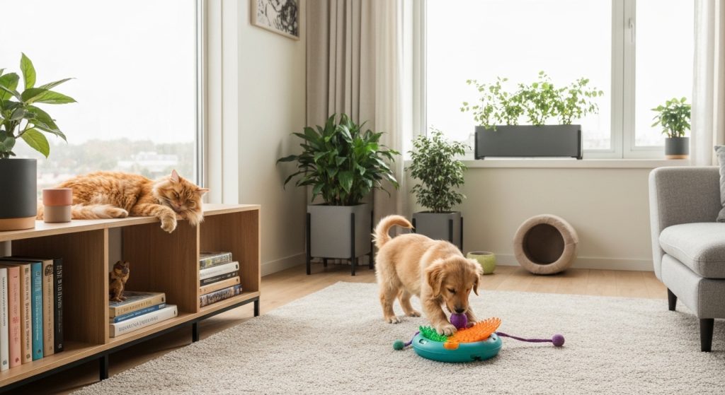 Apartamento adaptado para pets com áreas de descanso e brinquedos.
