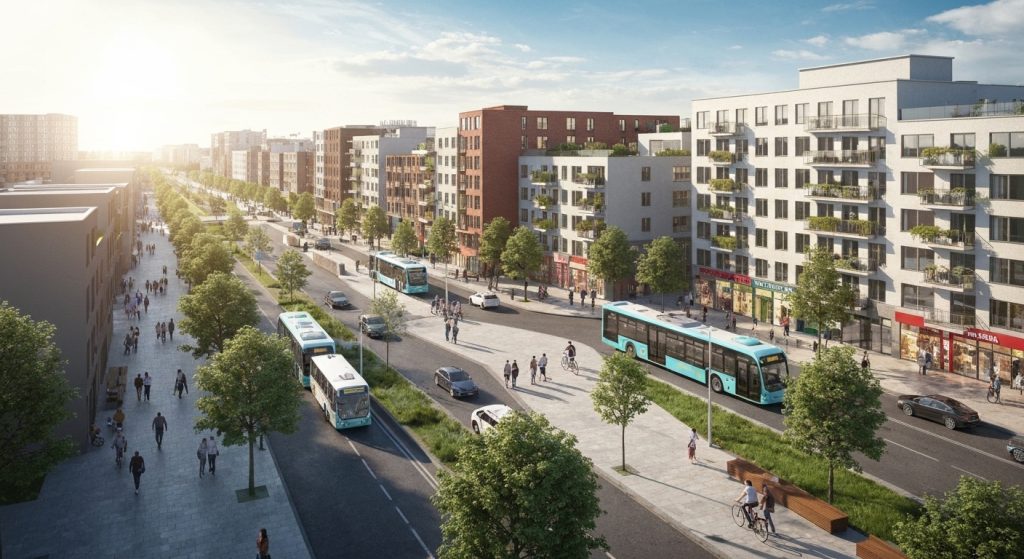 Bairro urbano bem planejado em expansão com infraestrutura moderna e áreas verdes