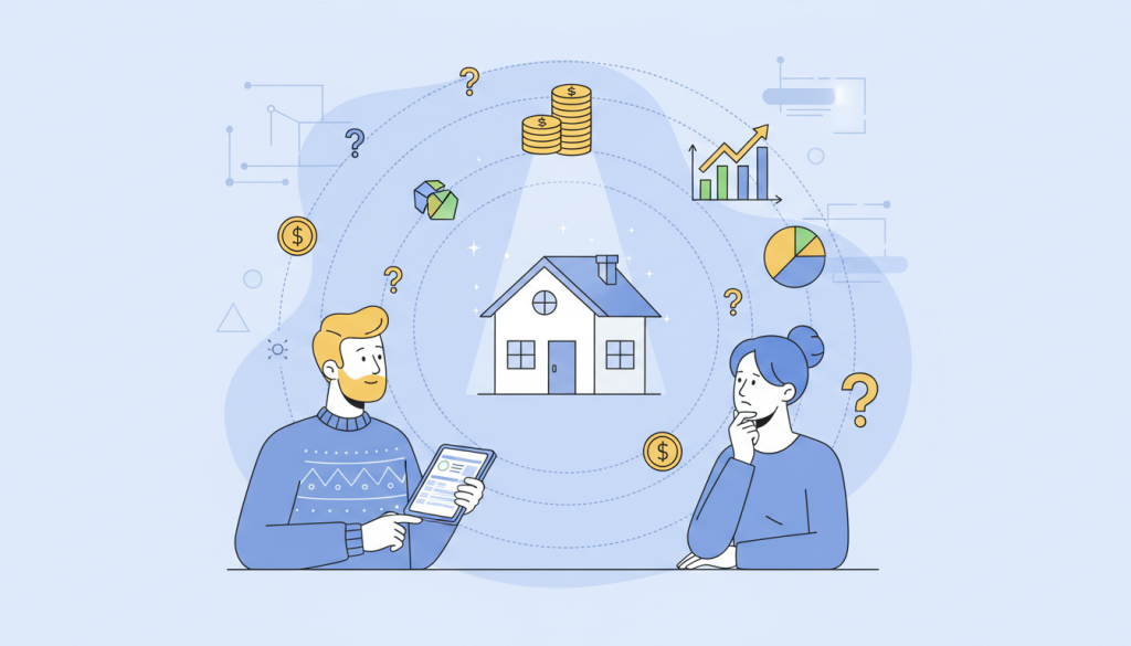 Casal analisando custos de compra de imóvel com ícones financeiros e de planejamento.