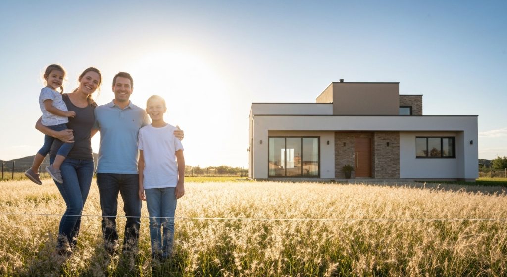 Família em frente a casa nova em 2026