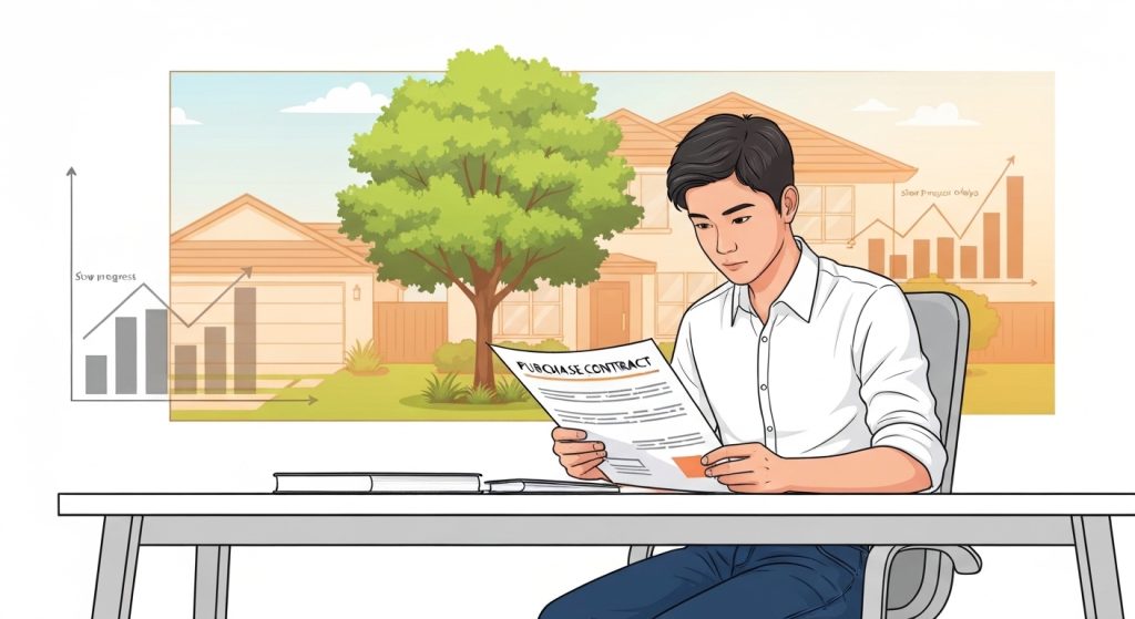 Persona analisando contrato de compra de imóvel e demonstrando preocupação com o atraso no processo.