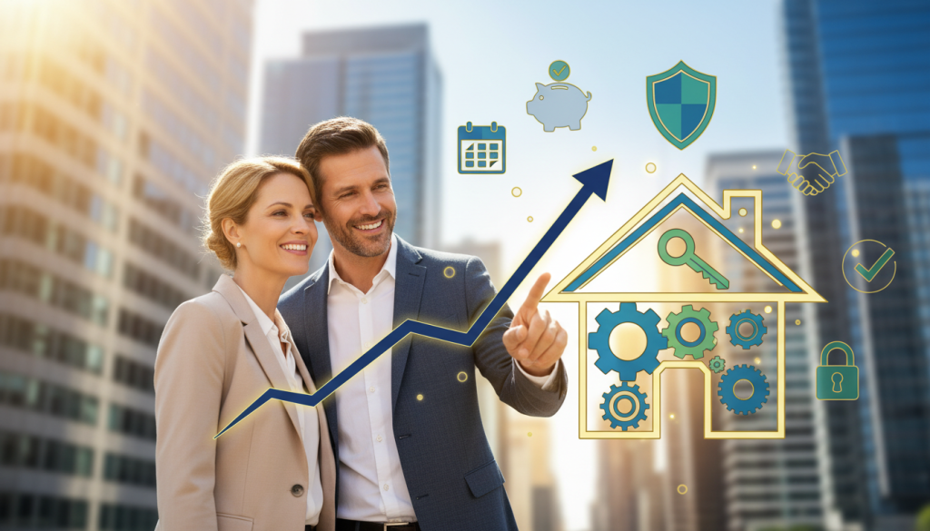 Casal planejando a compra de um imóvel como investimento seguro e a longo prazo.