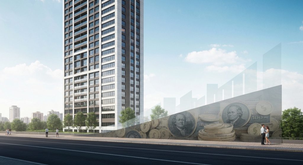 Representação visual de um imóvel crescendo e se valorizando ao longo do tempo.