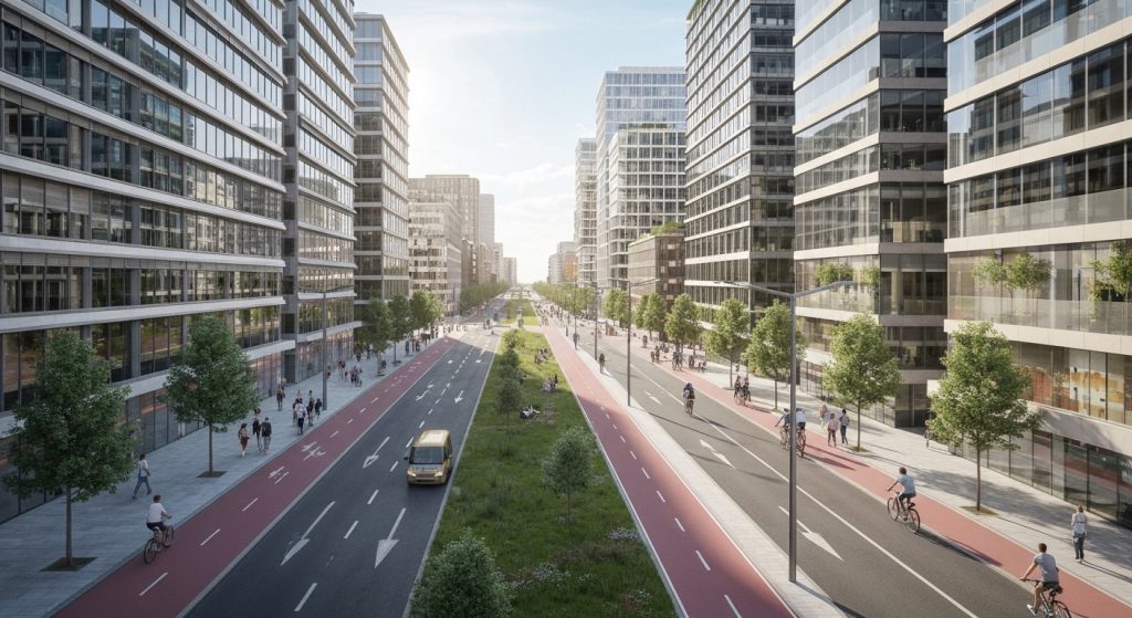 Cenário urbano moderno com prédios altos e áreas verdes