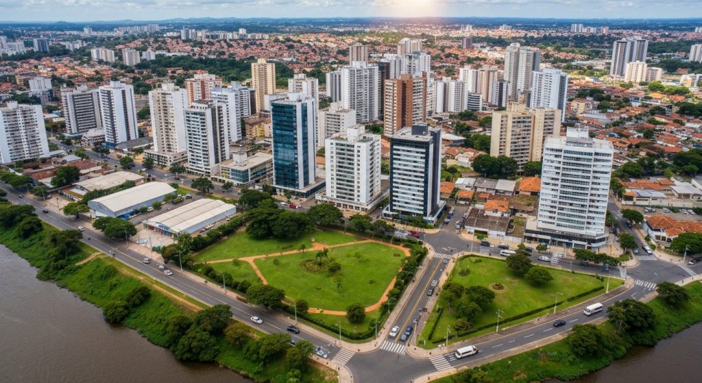 Vista aérea de cidade média brasileira em crescimento, com prédios modernos e áreas verdes.