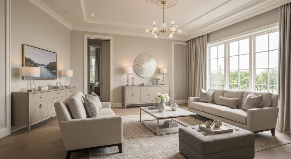 Sala de estar preparada para venda, com pintura neutra, organização impecável e iluminação natural.