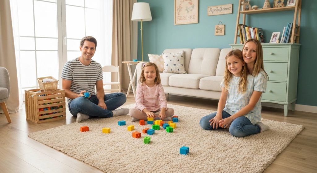 Família segura em um apartamento com medidas de prevenção de acidentes domésticos.