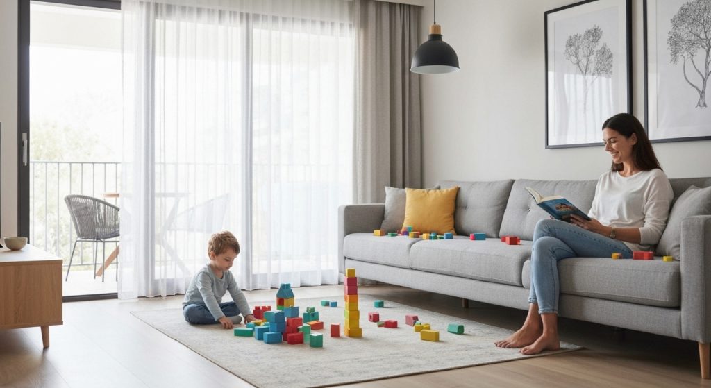 Família desfrutando de um apartamento seguro com foco na prevenção de acidentes infantis.