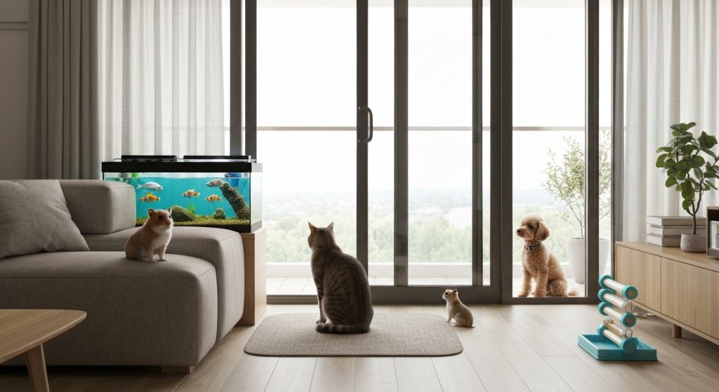 Diversos pets vivendo harmoniosamente em um apartamento