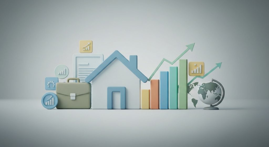 Representação visual de diversificação de investimentos com foco em imóveis