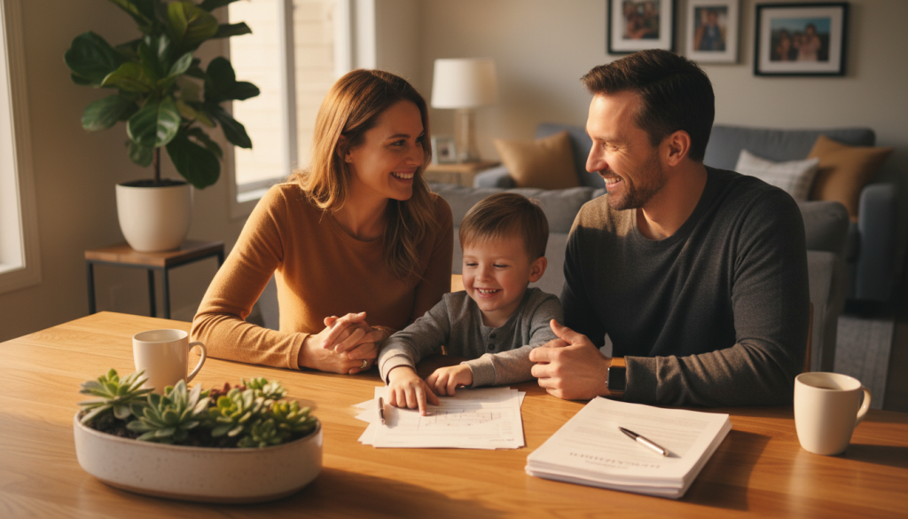 Família feliz analisando documentos de compra de imóvel