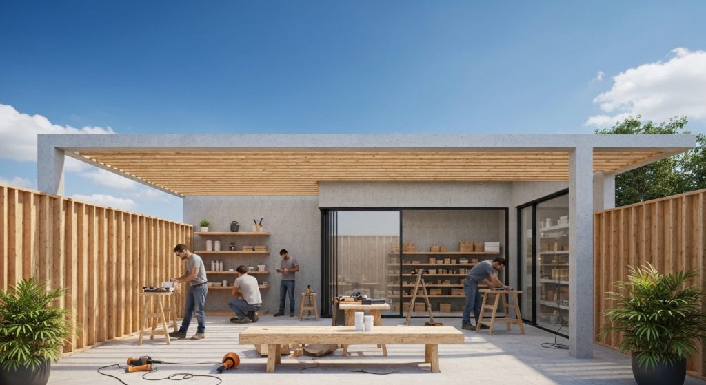 Casa de 100m² em construção com trabalhadores e materiais