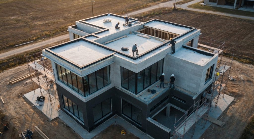 Casa moderna em construção com materiais de primeira linha.