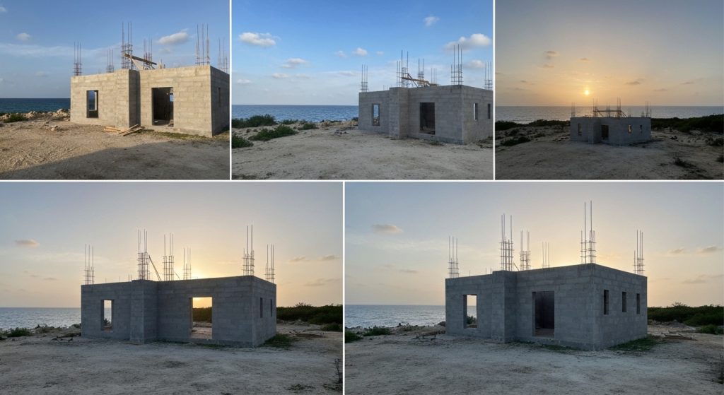 Casa moderna em construção ao pôr do sol, com elementos de planejamento em primeiro plano.