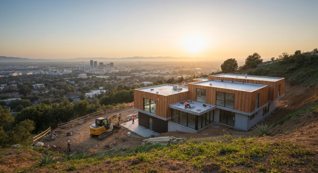 Processo de construção de uma casa moderna com paisagem urbana ao amanhecer