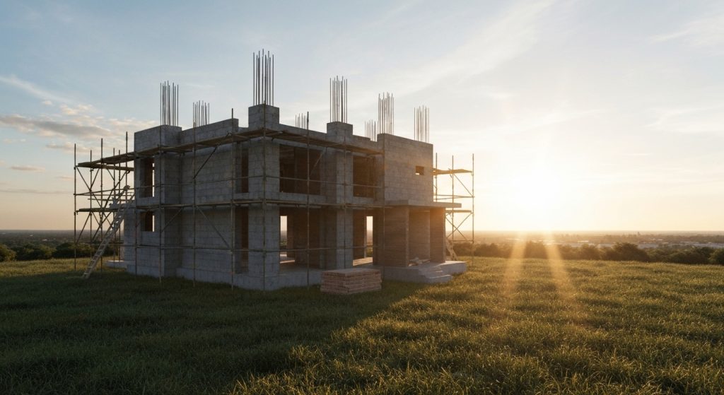 Casa moderna em construção com vista para o pôr do sol
