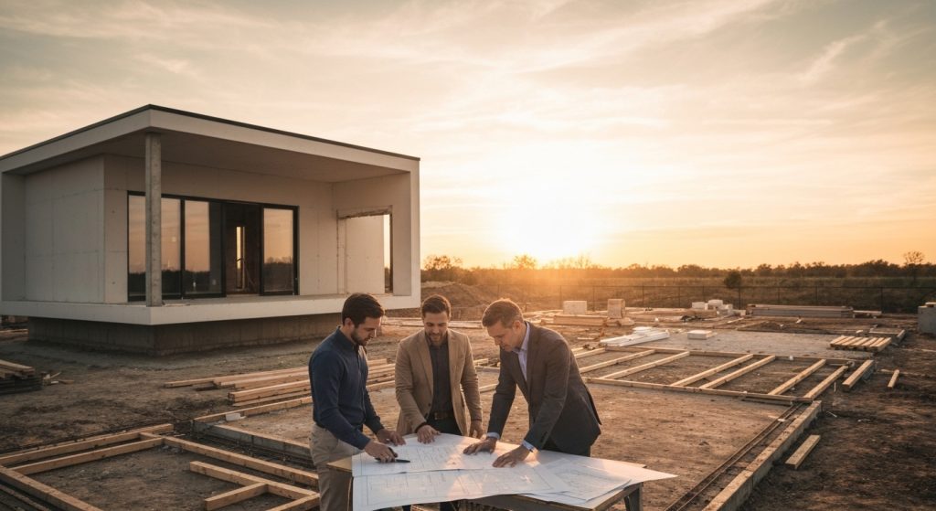 Casa moderna em construção, com profissionais revisando o projeto.