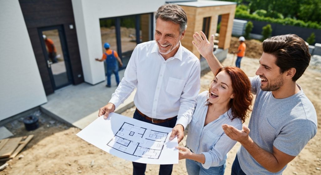 Casal analisando planta de casa em construção
