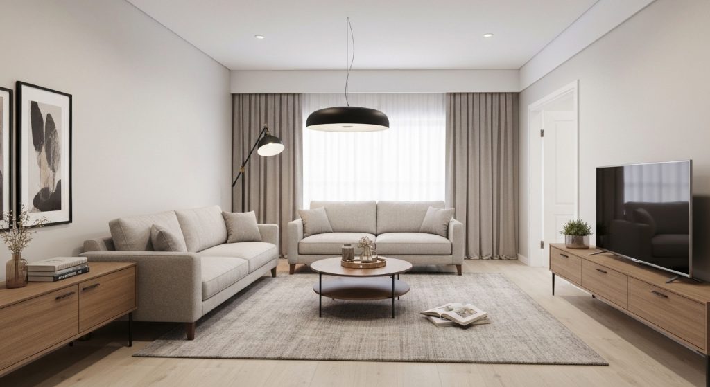 Sala de estar moderna e aconchegante com móveis funcionais.