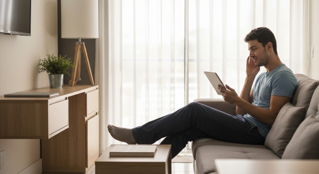 Jovem adulto planejando orçamento para morar sozinho no Brasil