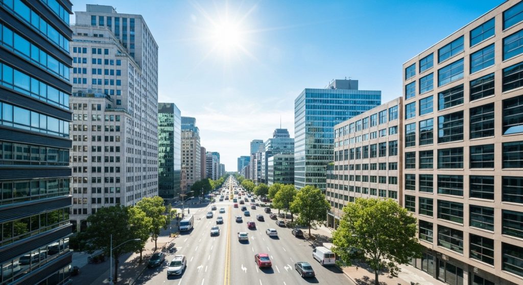Caminhões de mudança em uma cidade moderna, representando o custo de uma mudança residencial.