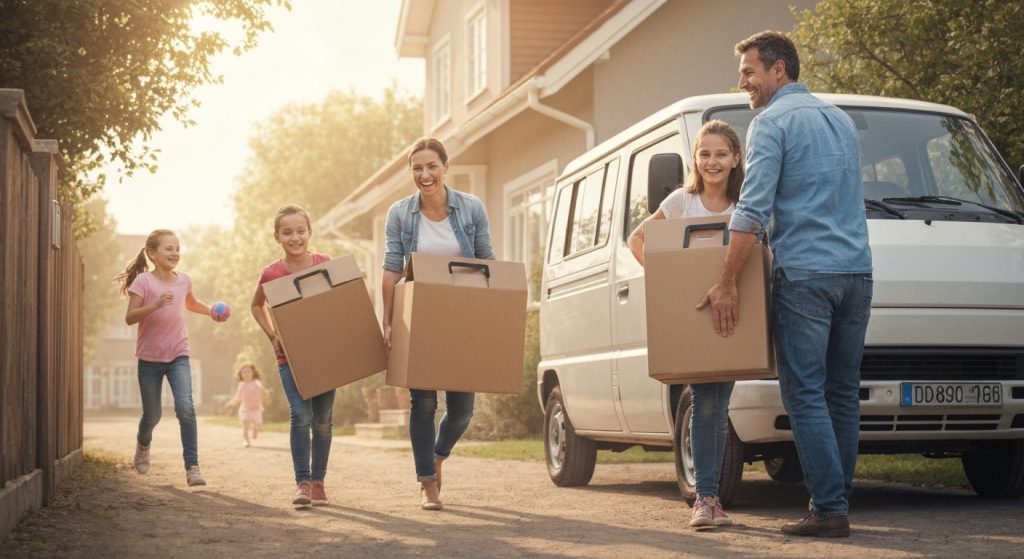 Família descarregando caixas de mudança em frente a nova casa em outro estado